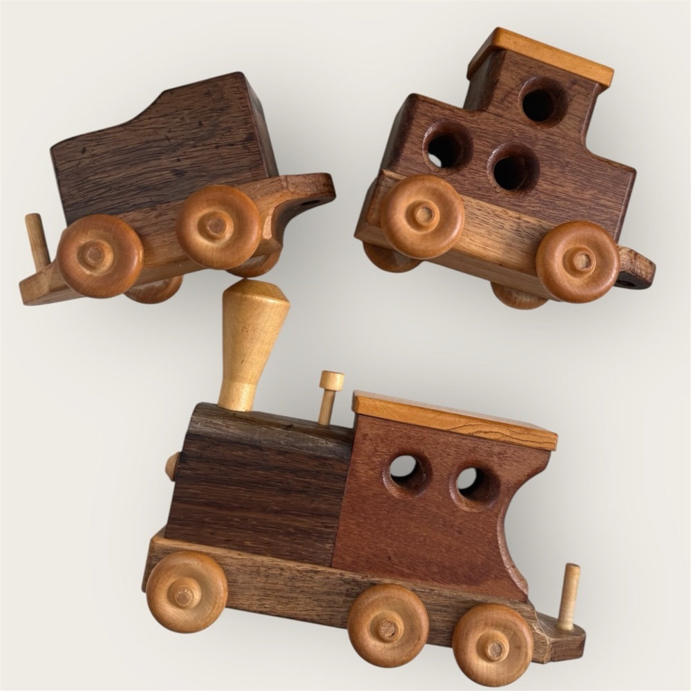 Vintage handcrafted Wooden heirloom Train Set of 3 EUC